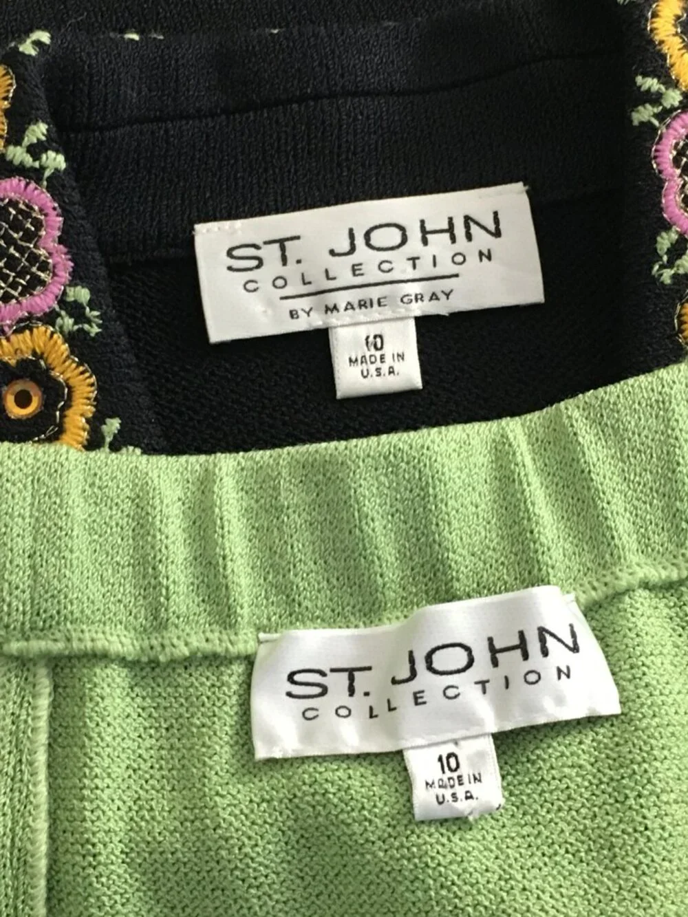 BEAUTIFUL St John collection knit black pink green multi jacket skirt suit 10